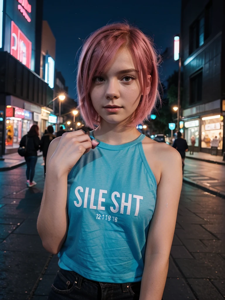 girl 21 years old, short shoulder-length hair, pink hair color, wearing a blue t-shirt, taking a selfie, city street in the background, it's night, low lighting, selfi