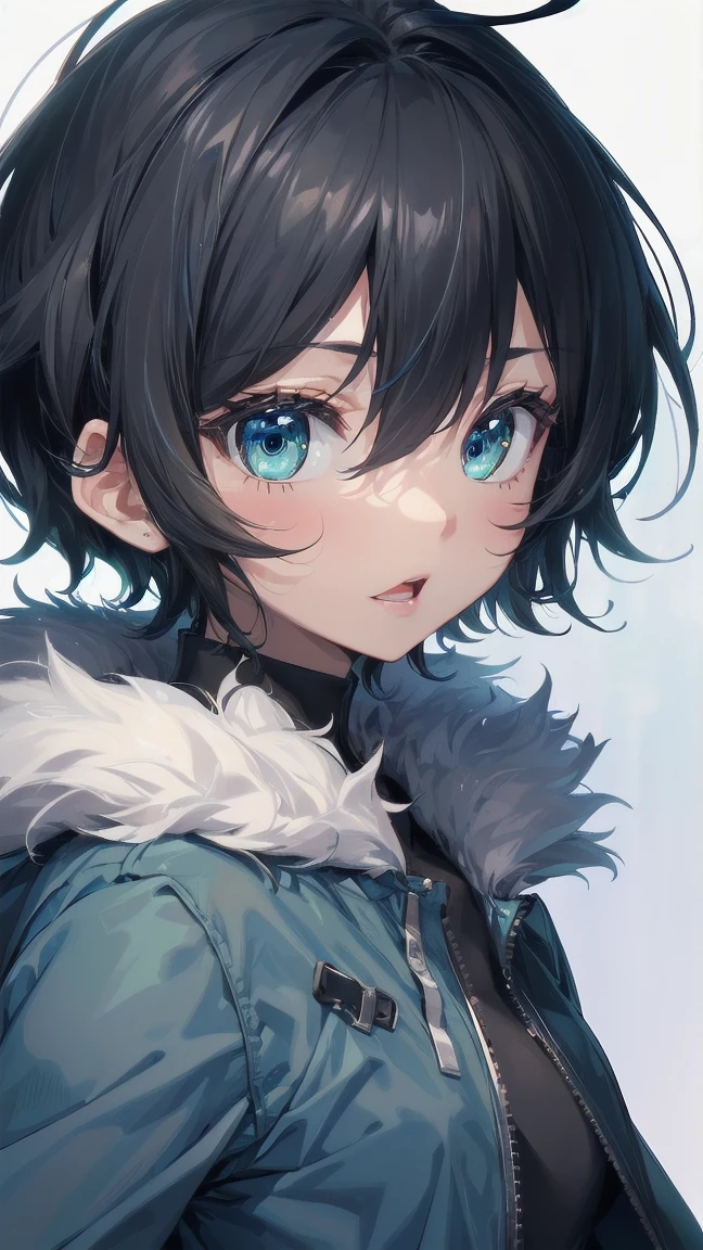 Close-up of a cartoon girl with blue hair and a yellow shirt, 2D Animation, 2D Animation style, 2D Art, 2D Art, 2D from Gorillaz, 2D from Gorillaz, 2D Gorillaz, Screaming Cerket, 2D Sprites, Jinx Face, short hair, hot pants, Small breasts, ((Black Hair, Bright blue fur inside:1.4))