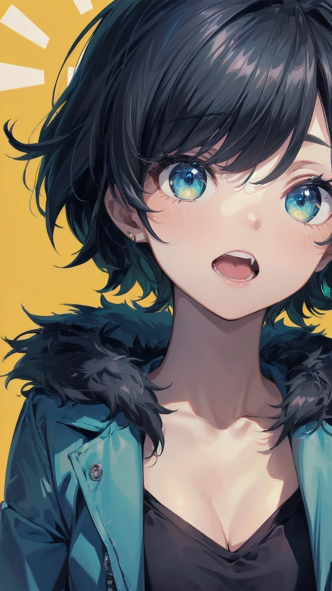Close-up of a cartoon girl with blue hair and a yellow shirt, 2D Animation, 2D Animation style, 2D Art, 2D Art, 2D from Gorillaz, 2D from Gorillaz, 2D Gorillaz, Screaming Cerket, 2D Sprites, Jinx Face, short hair, hot pants, Small breasts, ((Black Hair, Bright blue fur inside:1.4))