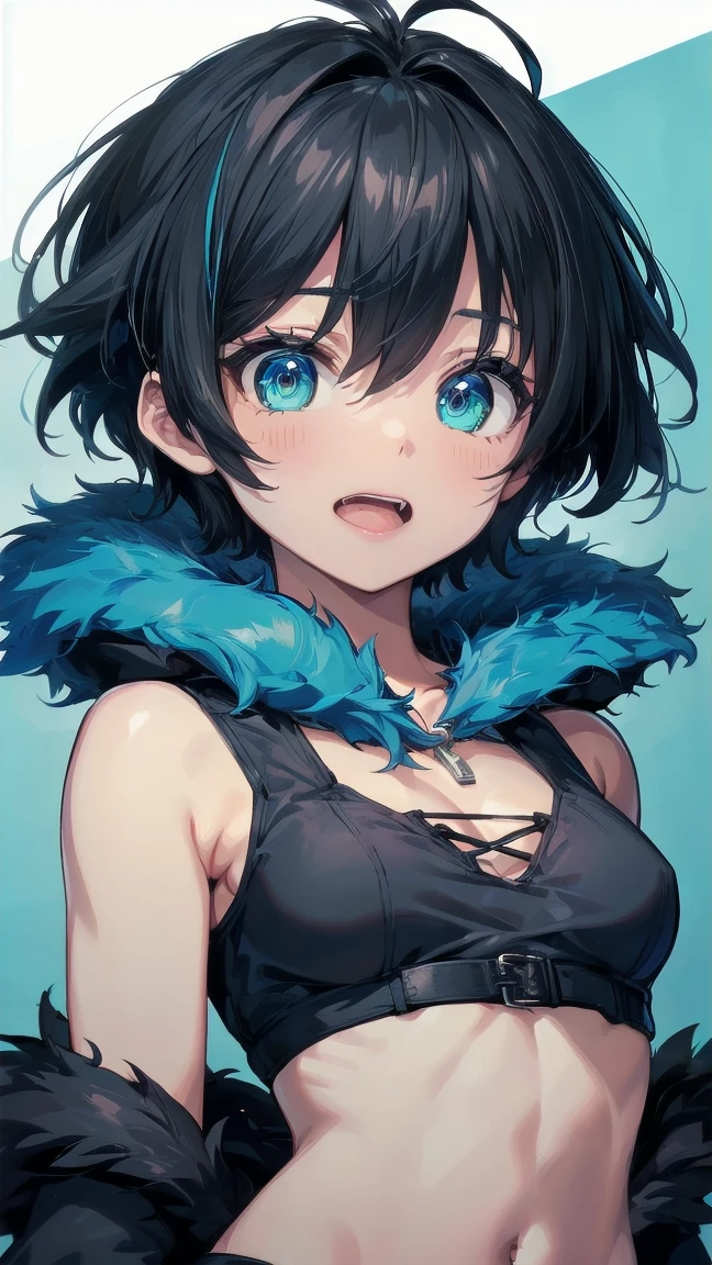 Close-up of a cartoon girl with blue hair and a yellow shirt, 2D Animation, 2D Animation style, 2D Art, 2D Art, 2D from Gorillaz, 2D from Gorillaz, 2D Gorillaz, Screaming Cerket, 2D Sprites, Jinx Face, short hair, hot pants, Small breasts, ((Black Hair, Bright blue fur inside:1.4))