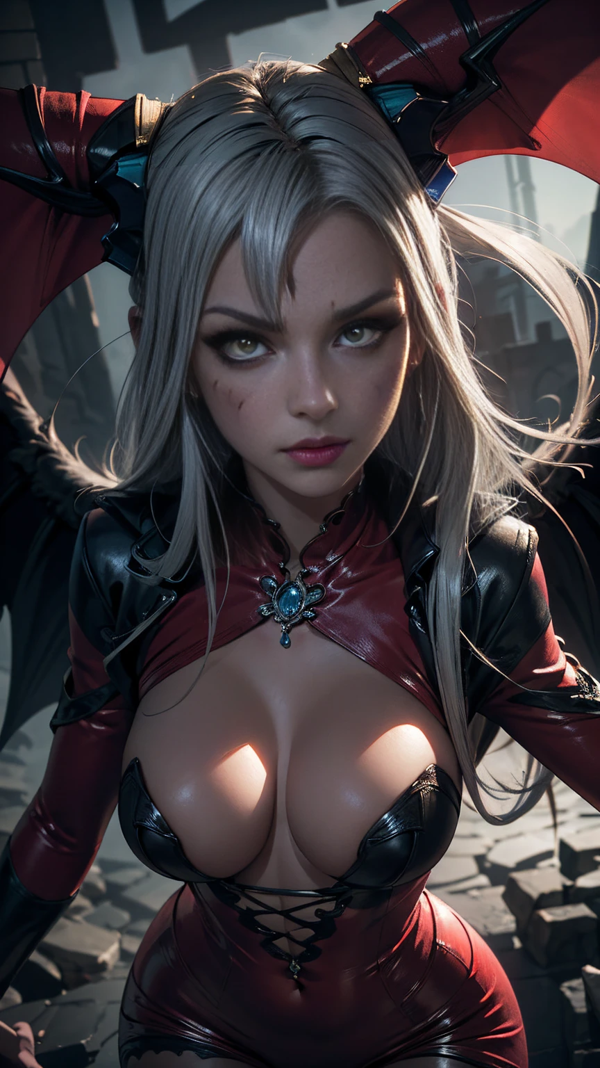 Close-up cameltoe focus, full body portrait, ultimecia, horns, red dress, plunging neckline, feather trim, black wings, white hair, facial marks, claws, ((photoshoot)), buxom, mature, milf, full body portrait, posing for onlyfans, slutty erotic succubus, armoured pauldrons, scary detailed art in color, sultry, amused expression, busty, curvy hips, sexy, alluring, erotic posing with open legs, spiked panties, cameltoe, highly detailed fantasy art, beautiful fantasy art portrait, intricate detailed digital art, highly detailed digital painting, digital art fantasy art, mark brooks detailed, detailed fantasy digital art, amazing detail digital art, close-up portrait demoness skull, by Todd Lockwood, liquid metal girl