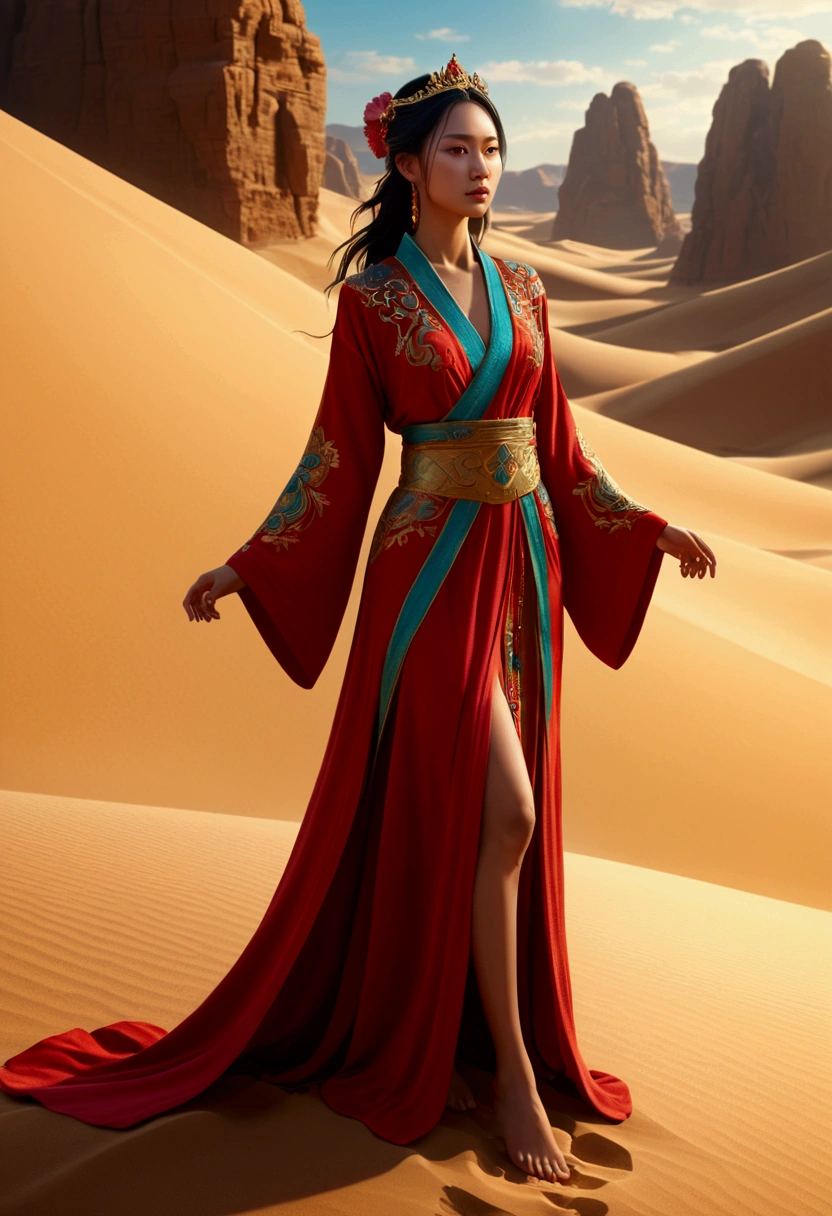 Desert Princess, robe, sand, by cgsociety and fenghua zhong, full body, cinematic still, cinemascope, best quality, masterpiece, very aesthetic, perfect composition, intricate details, ultra-detailed, vivid colors