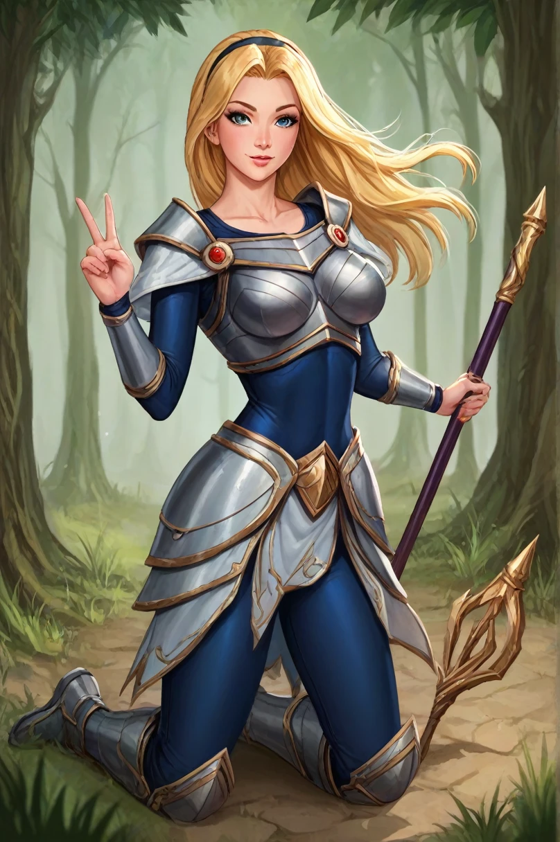 score_9, score_8_up, score_7_up, score_6_up, score_5_up, score_4_up, LuxLoLXL, blue eyes, blonde hair, long hair, hairband, big breasts, collarbone, shoulder armor, armor, blue bodysuit, breastplate, long sleeves, faulds, skirt, blue pants, armored boots, holding staff, solo, full body, standing, seductive smile, looking at viewer, forest, tree ,Kneeling on the floor Pose,peace sign

