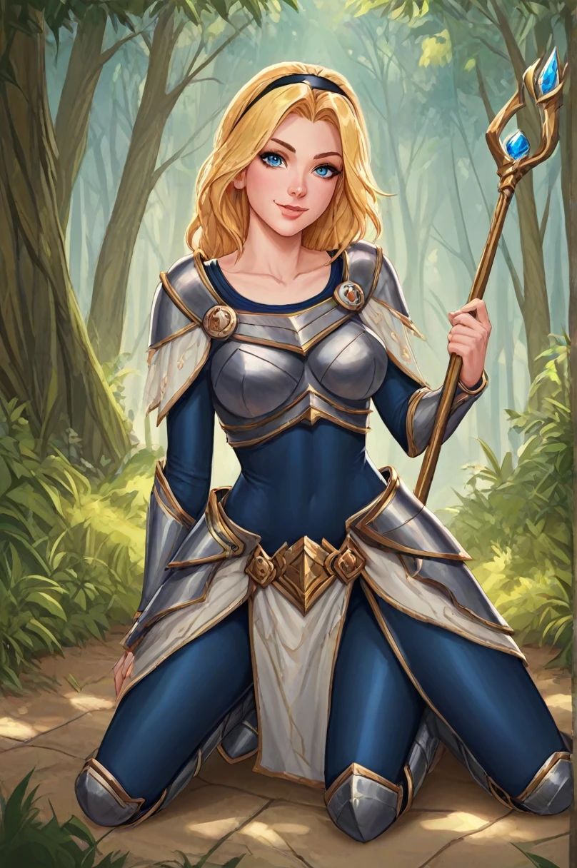 score_9, score_8_up, score_7_up, score_6_up, score_5_up, score_4_up, LuxLoLXL, blue eyes, blonde hair, long hair, hairband, big breasts, collarbone, shoulder armor, armor, blue bodysuit, breastplate, long sleeves, faulds, skirt, blue pants, armored boots, holding staff, solo, full body, standing, seductive smile, looking at viewer, forest, tree ,Kneeling on the floor Pose,peace sign

