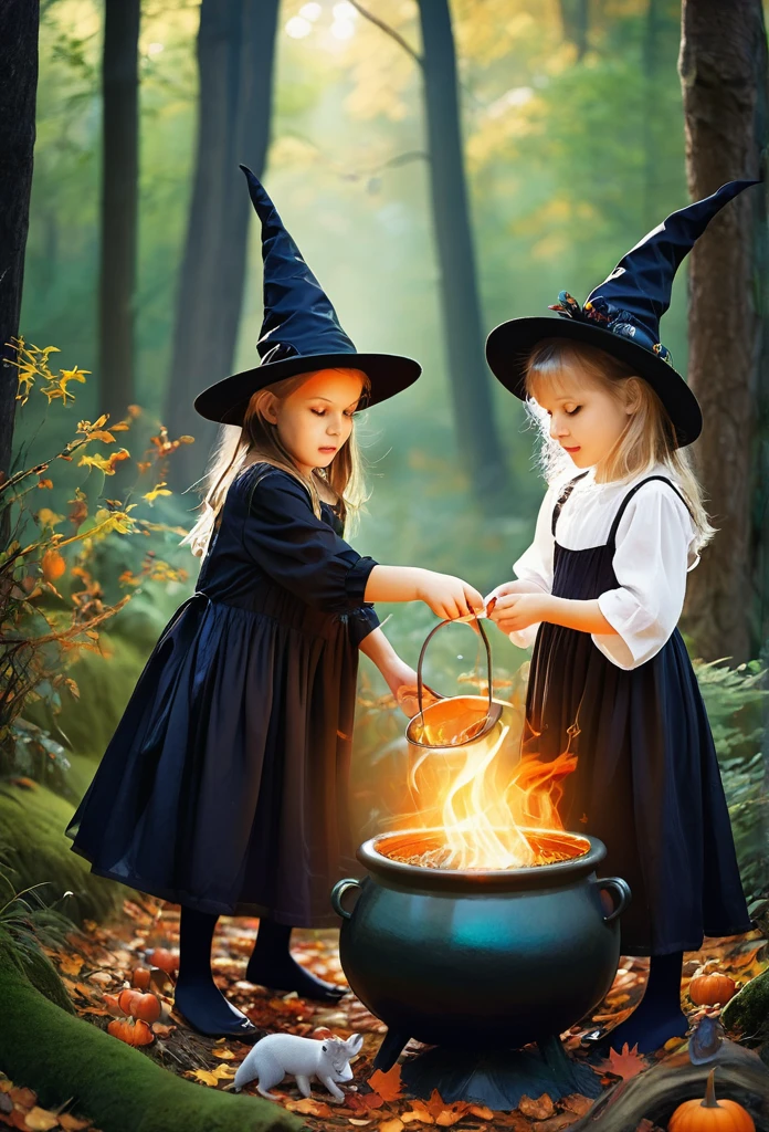 Two little girls witches,in a magic forest, gracefully playing with her caldron, surrounded by little animals 