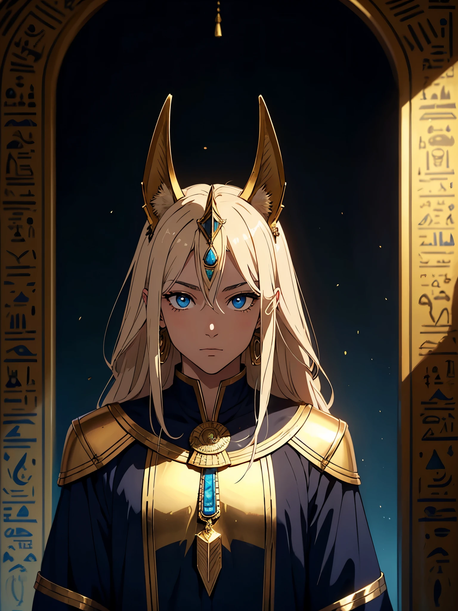 Blaue Augen. Mehr anime. Hübsch. Anubis. Anubisohren. Jackal ears with fur. Teenage boy. Egyptian deity Anubis. Egyptian clothing. long blond hair. Lots of gold jewelry. dark skin. Egyptian. dazzling blue eyes. mystical. divine.