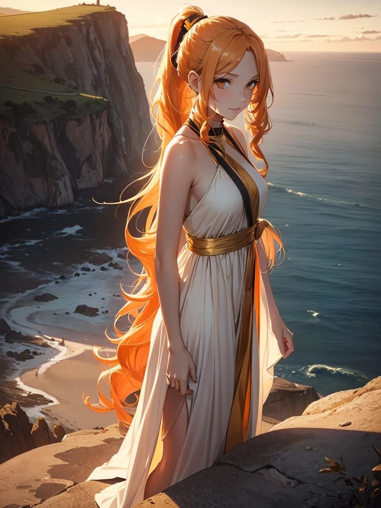 Beautiful, majestic, melancholic, woman, solo-girl, long orange-golden hair, (wavy hair, tied in a ponytail:1.3), pale white skin, golden eyes, narrow eyes, sly smile, (gold dress with black details:1.1), standing on a cliff, sunset in background, hills