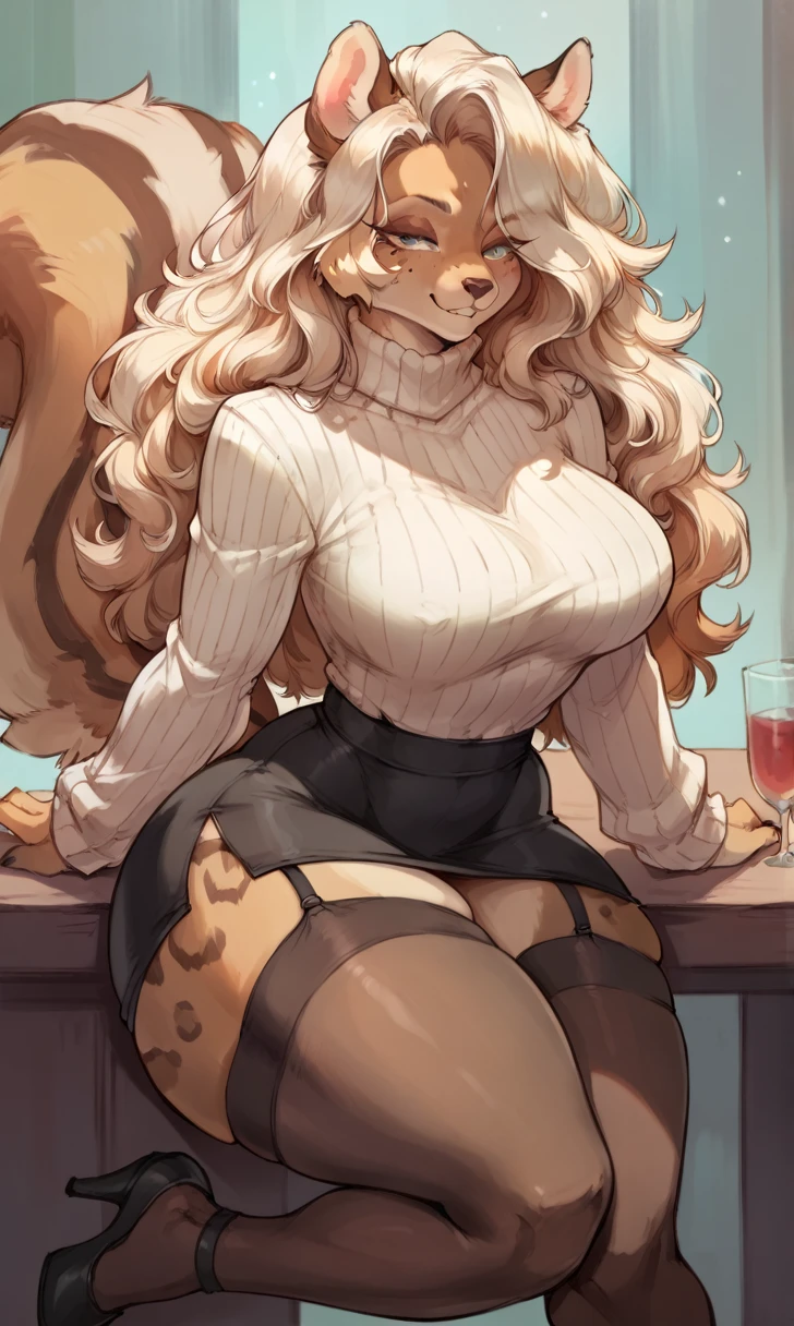 female anthro Snow leopard,Brown long fluffy hair, fluffy hair, squirrel ears, hyena, big breasts, attractive, turtleneck sweater, turtleneck, thicc body, black skirt, thicc body, thicc, freckles, freckles on face, neutral expression, smug eyes, high heels, garter belt tights, she is sitting on the table (thick thighs:1.5) 