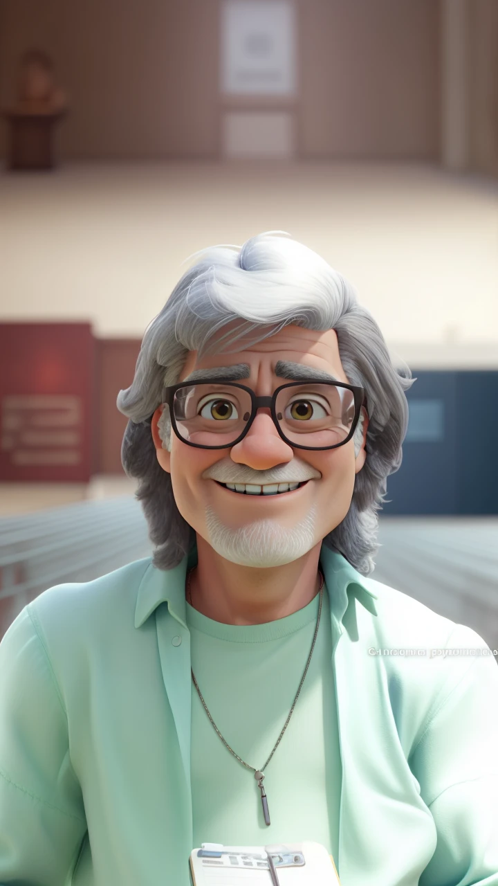 mature man, with beard, gray hair, BROWN SKIN, with glasses, gordo, walking inside museum, blue jeans yellow t-shirt, smiling, ((Best Quality)), , (detailed), perfect face in his hands he carries a notebook and in the other a coke