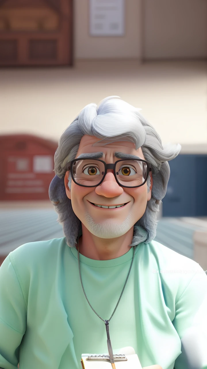 mature man, with beard, gray hair, BROWN SKIN, with glasses, gordo, walking inside museum, blue jeans yellow t-shirt, smiling, ((Best Quality)), , (detailed), perfect face in his hands he carries a notebook and in the other a coke