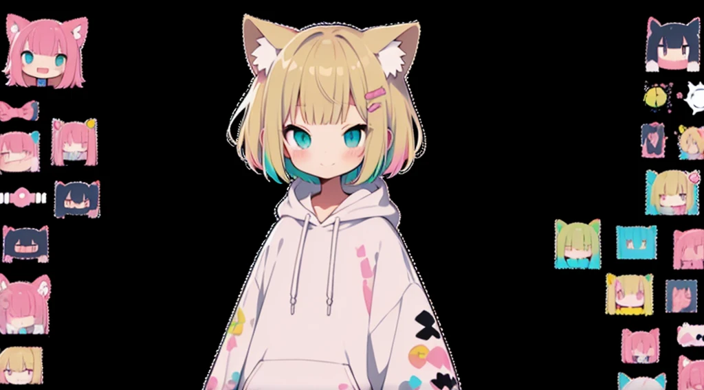 Blonde、Pink hoodie、high quality、Colorful color palette、high resolution、pretty girl、 Pink hoodie、An unprecedented number of draws、Anime Style、Geometric background、Sticker Style、short hair、Blonde、Turquoise Eyes, Messy Hair, Pink hoodie、Cat ears of the same color as the hair、front, Hands posing, Until death, Bondage, Baggy clothes