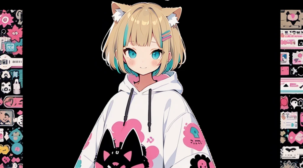 Blonde、Pink hoodie、high quality、Colorful color palette、high resolution、pretty girl、 Pink hoodie、An unprecedented number of draws、Anime Style、Geometric background、Sticker Style、short hair、Blonde、Turquoise Eyes, Messy Hair, Pink hoodie、Cat ears of the same color as the hair、front, Hands posing, Until death, Bondage, Baggy clothes