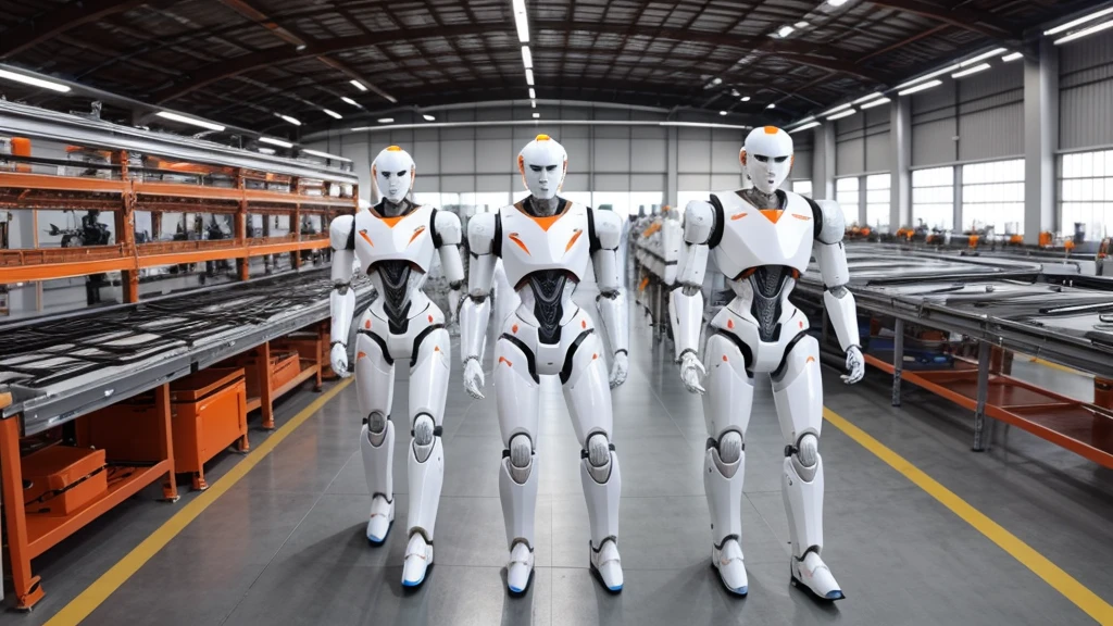Create a realistic image of several humanoid robots in white and orange colors by manufacturing parts and other robots in a Xiaomi factory Realistic
