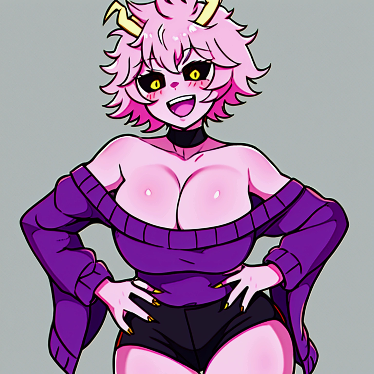 mina ashido, 1girl, solo, looking at viewer, smile, short hair, open mouth, simple background, long sleeves, white background, bare shoulders, collarbone, yellow eyes, pink hair, :d, heart, cowboy shot, horns, shorts, off shoulder, sweater, hand on hip, v, colored skin, black shorts, colored sclera, black sclera, off-shoulder sweater, pink skin, v over eye, purple sweater