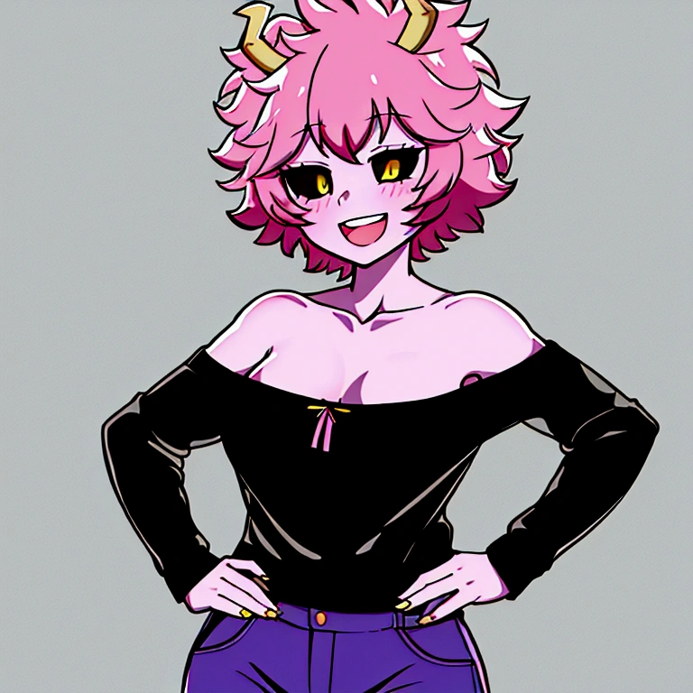 mina ashido, 1girl, solo, looking at viewer, smile, short hair, open mouth, simple background, long sleeves, white background, bare shoulders, collarbone, yellow eyes, pink hair, :d, heart, cowboy shot, horns, shorts, off shoulder, sweater, hand on hip, v, colored skin, black shorts, colored sclera, black sclera, off-shoulder sweater, pink skin, v over eye, purple sweater