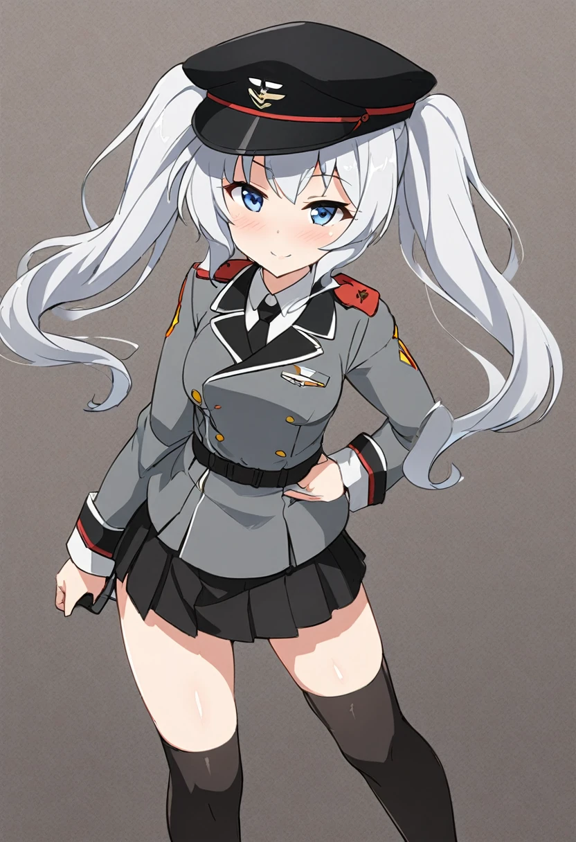 1 mature woman,Shipgirl,Light Cruiser Kashima,Training Cruiser Kashima,Fleet Collection,Kantai Collection,Cosplay,Twin tails,uniform,Fleet Collection -Kantai Collection- 鹿島,Pleated skirt,Black knee-high socks,Blue Eyes,Loosely wavy silver hair,Black Hat,Outfitting,