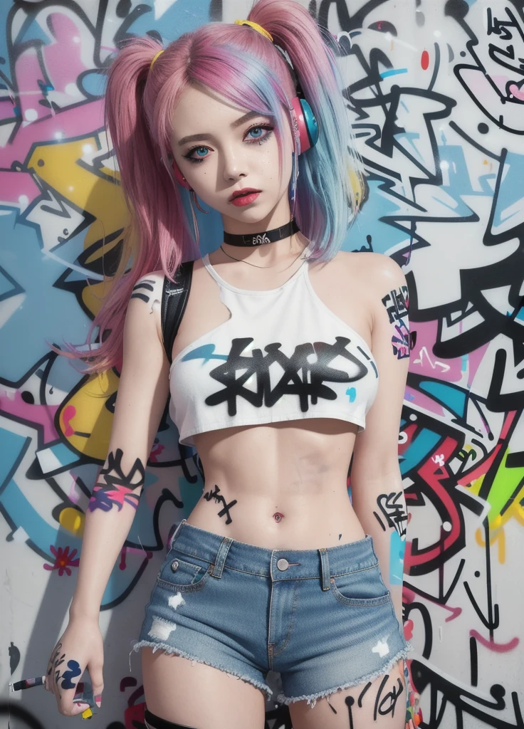 masterpiece, best quality, 1girl, solo, crop top, denim shorts, choker, (graffiti:1.5), paint splatter, arms behind back, against wall, looking at viewer, armband, thigh strap, paint on body, head tilt, bored, multicolored hair, aqua eyes, headset