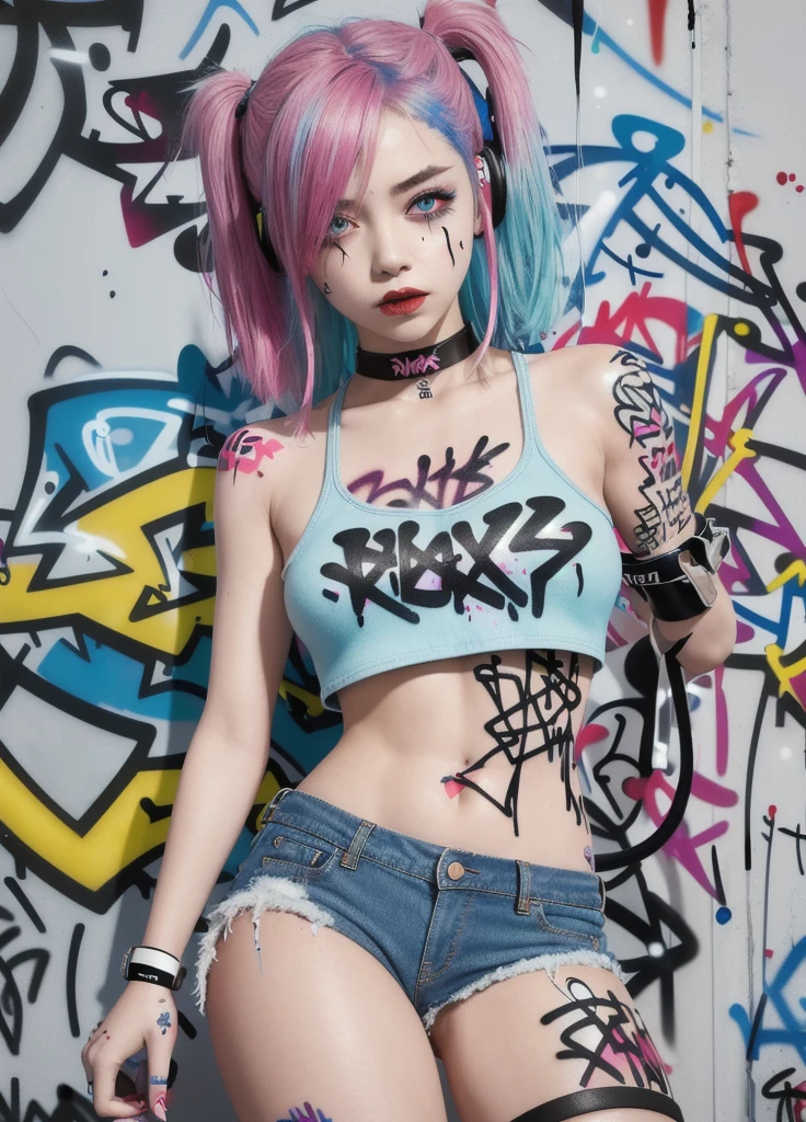masterpiece, best quality, 1girl, solo, (nude), sexy skirt, choker, (graffiti:1.5), paint splatter, arms behind back, against wall, looking at viewer, armband, thigh strap, paint on body, head tilt, bored, multicolored hair, aqua eyes, headset, bare breasts, ((exposed breasts)), off shoulder