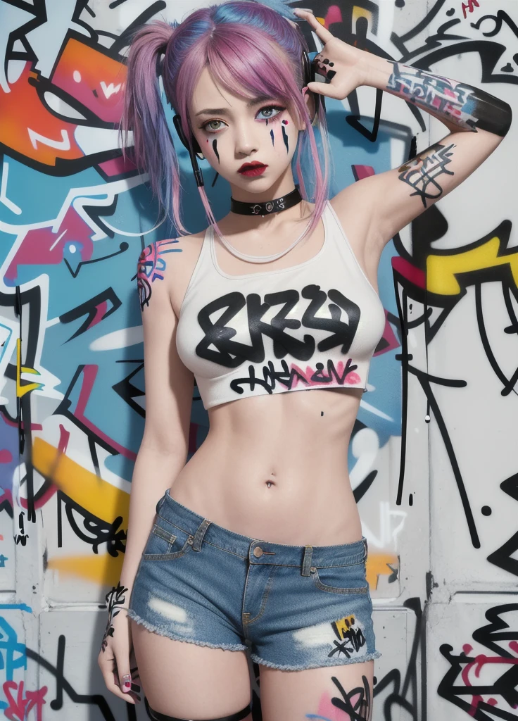 masterpiece, best quality, 1girl, solo, crop top, denim shorts, choker, (graffiti:1.5), paint splatter, arms behind back, against wall, looking at viewer, armband, thigh strap, paint on body, head tilt, bored, multicolored hair, aqua eyes, headset