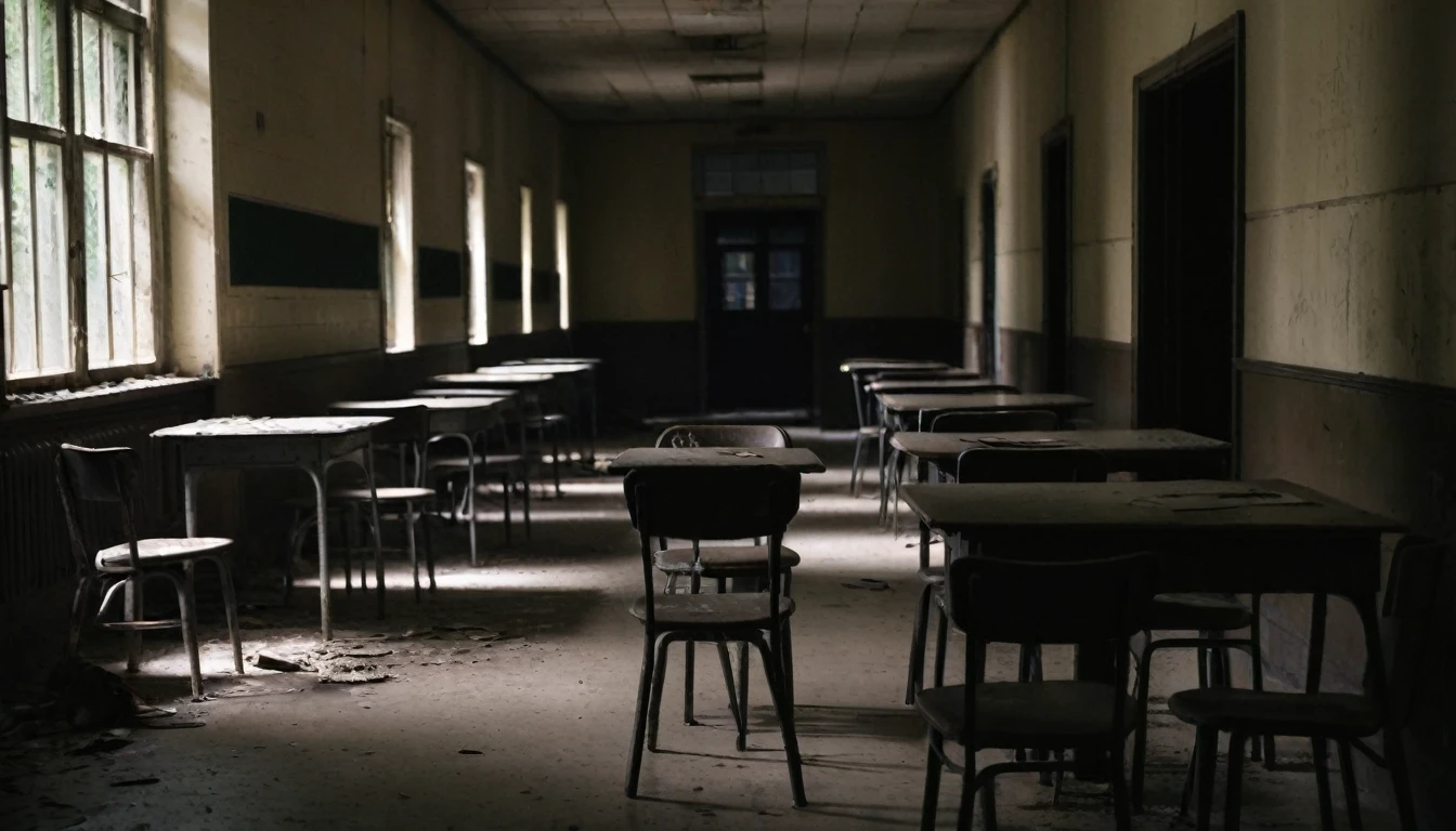 A dark, dusty hallway inside the abandoned school, with dim light coming in through the dirty windows. Old tables and chairs are disorganized along the hallway. In the background, an indistinct, shadowy shape moves, half visible in the darkness, as the group of friends, visibly nervous, look towards the figure.