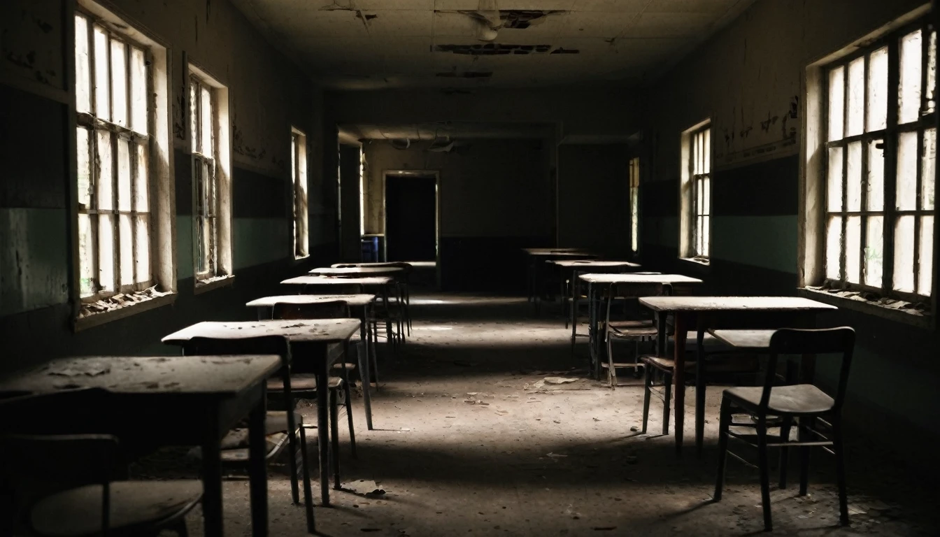 A dark, dusty hallway inside the abandoned school, with dim light coming in through the dirty windows. Old tables and chairs are disorganized along the hallway. In the background, an indistinct, shadowy shape moves, half visible in the darkness, as the group of friends, visibly nervous, look towards the figure.
