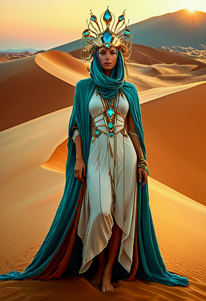 Desert Princess, robe, sand, by Peter Mohrbacher, full body, cinematic still, cinemascope, best quality, masterpiece, very aesthetic, perfect composition, intricate details, ultra-detailed, vivid colors