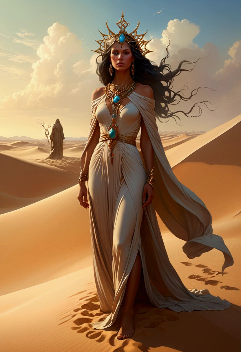 Desert Princess, robe, by Alena Aenami, full body, cinematic still, cinemascope, best quality, masterpiece, very aesthetic, perfect composition, intricate details, ultra-detailed, vivid colors