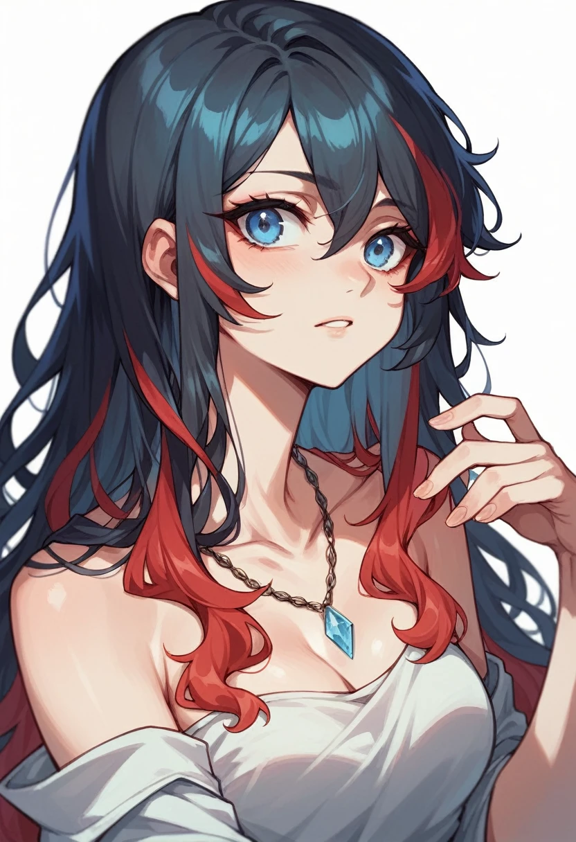 Long hair girl, wavy and silver with red locks with blue eyes with an ice necklace, with a black streak