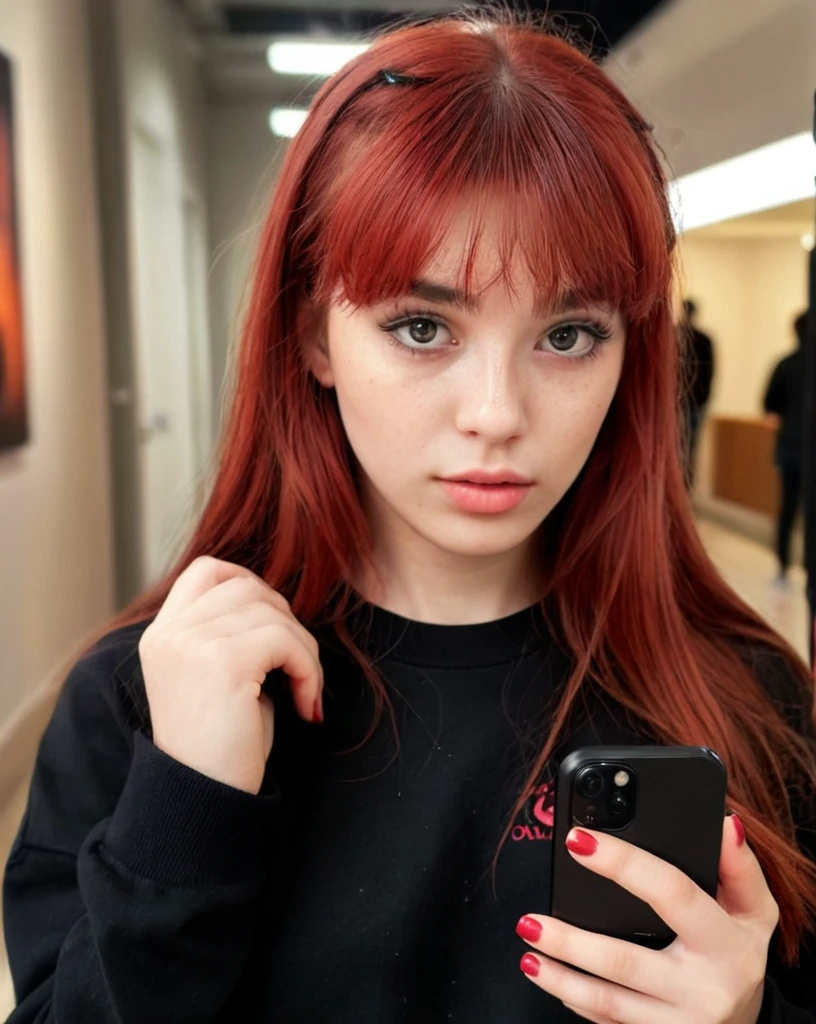 a young girl with delicate face, thick eyebrows, long red dyed hair with bangs, dark eyes, holding an iphone, big black nails, wearing a sweatshirt, (best quality,4k,8k,highres,masterpiece:1.2),ultra-detailed,(realistic,photorealistic,photo-realistic:1.37),detailed eyes,detailed lips,extremely detailed face,longeyelashes,cinematic lighting,cinematic colors,warm tones,intricate details