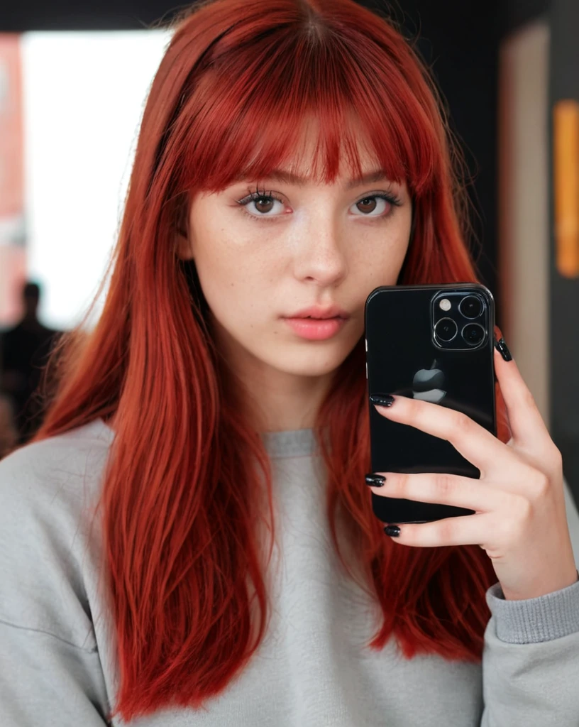 a young girl with delicate face, thick eyebrows, long red dyed hair with bangs, dark eyes, holding an iphone, big black nails, wearing a sweatshirt, (best quality,4k,8k,highres,masterpiece:1.2),ultra-detailed,(realistic,photorealistic,photo-realistic:1.37),detailed eyes,detailed lips,extremely detailed face,longeyelashes,cinematic lighting,cinematic colors,warm tones,intricate details