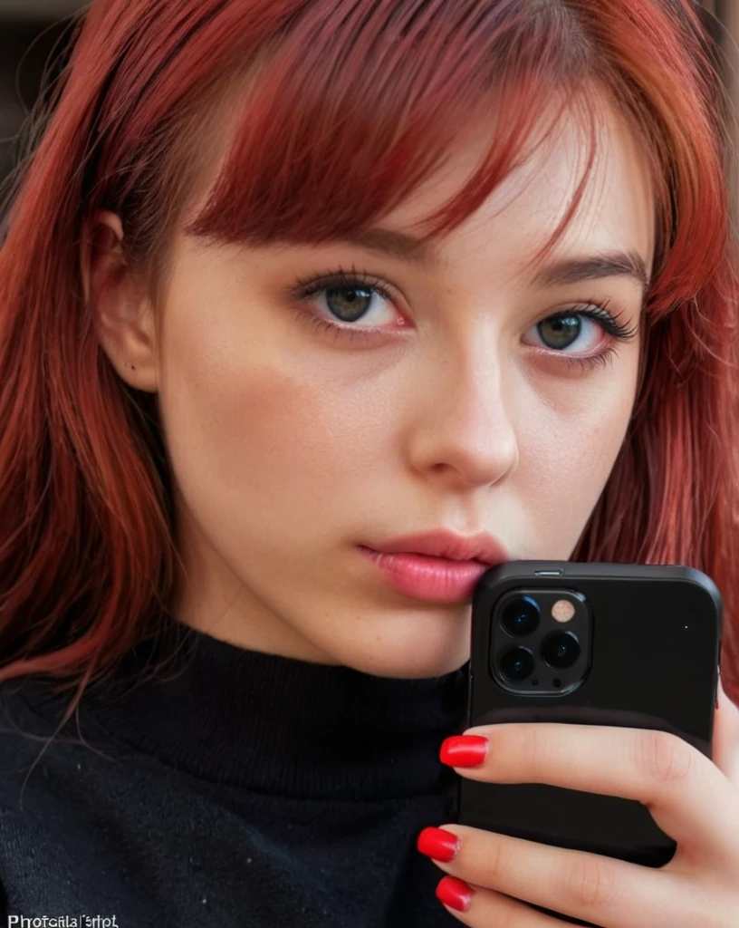 a young girl with delicate face, thick eyebrows, long red dyed hair with bangs, dark eyes, holding an iphone, big black nails, wearing a sweatshirt, (best quality,4k,8k,highres,masterpiece:1.2),ultra-detailed,(realistic,photorealistic,photo-realistic:1.37),detailed eyes,detailed lips,extremely detailed face,longeyelashes,cinematic lighting,cinematic colors,warm tones,intricate details