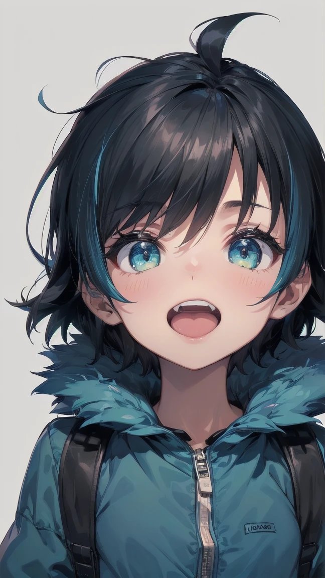 Close-up of a cartoon girl with blue hair and a yellow shirt, 2D Animation, 2D Animation style, 2D Art, 2D Art, 2D from Gorillaz, 2D from Gorillaz, 2D Gorillaz, Screaming Cerket, 2D Sprites, Jinx Face, short hair, Small breasts, hot pants, ((Black Hair, Bright blue fur inside:1.4))