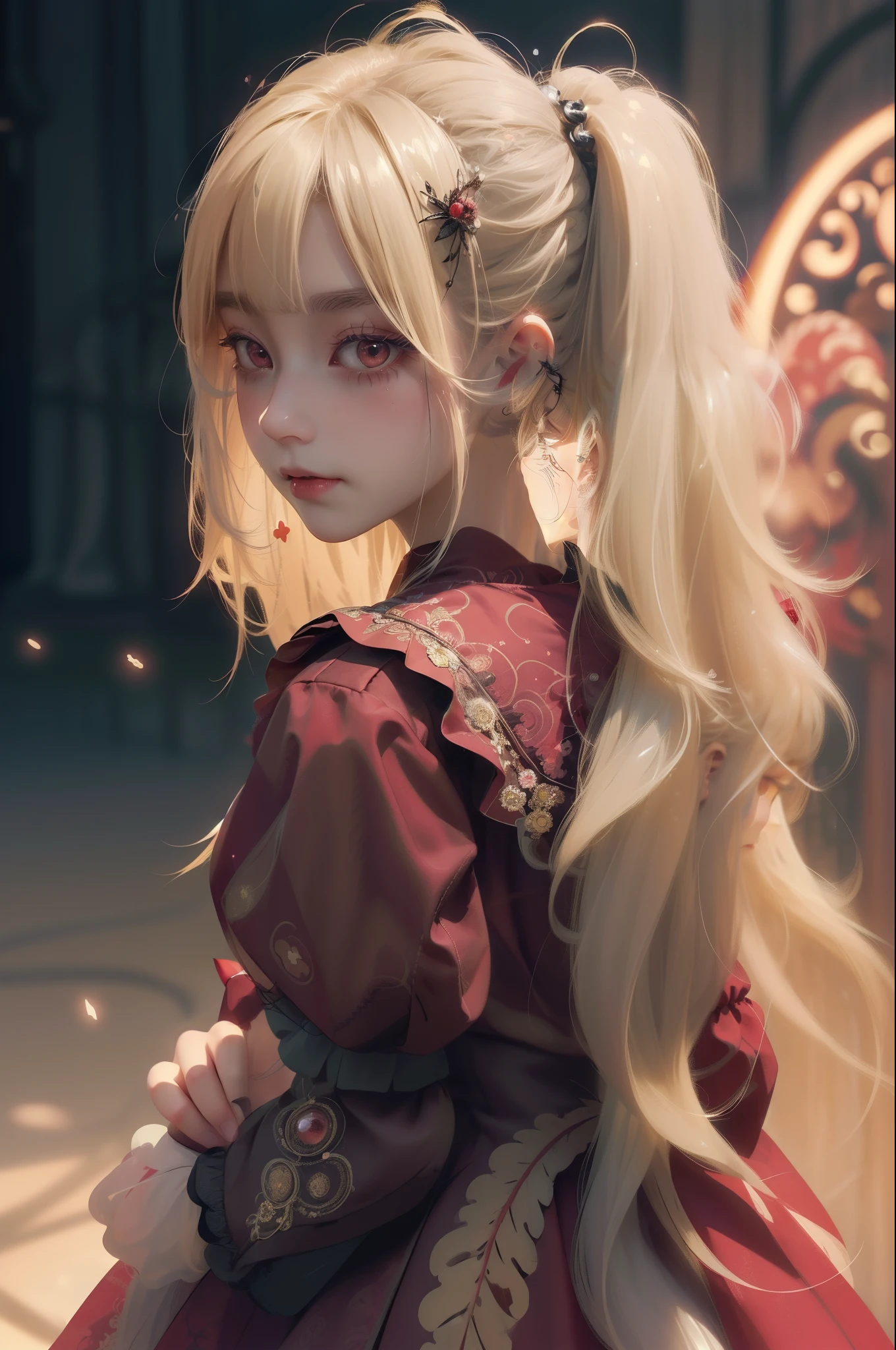 light particles, soft lighting, volumetric lighting, intricate details, finely detailed,
1girl, solo,
blonde hair, long hair, high ponytail,
red eyes, long eyelashes, thick eyelashes, looking at viewer,
red dress, ornate dress, backless dress, puffy sleeves, juliet sleeves, (long sleeves:1.2), red bow,
black background, simple background, from behind,