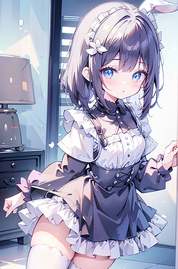 Black hair, blue eyes, bob, maid outfit, rabbit