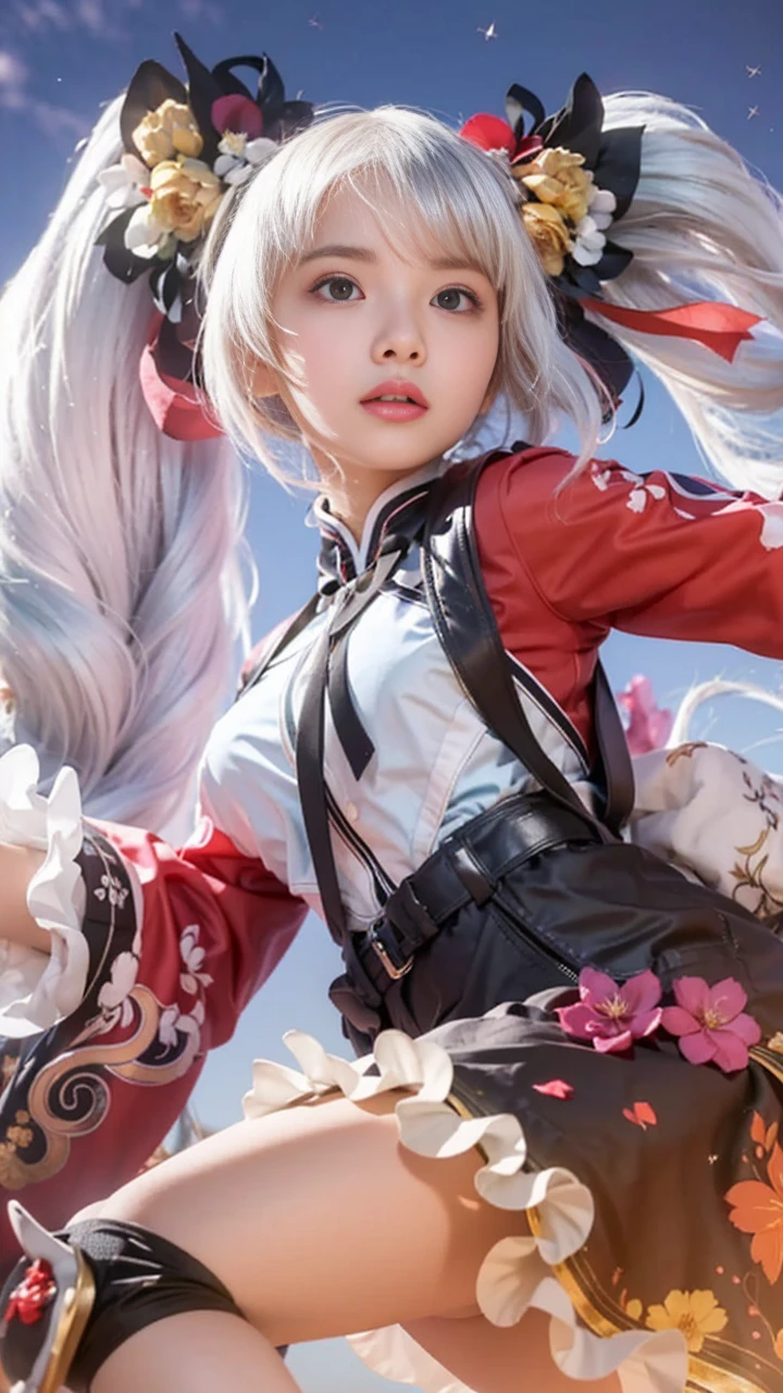 Angle from directly above((((((full body photo))))))、((((single eyelid)))),((((Backlight at sunset))))、(((((light blue eyeliner))))),((Lens flare))、((Wearing china clothes)),((((super soft focus))))、笑face、((((profile))))、(((looking far away)))、twilight、I take a shower、colorful hydrangeas on background、Surrounded by hydrangeas、((The soft setting sun illuminates it))、(Yinchuan:1.5), masterpiece, highest quality, Raw photo, Photoreal, face, beautiful girl, cute, short hair, (((Depth of the bounds written))), High resolution, super detailed, finely, very detailed, cinematic lighting