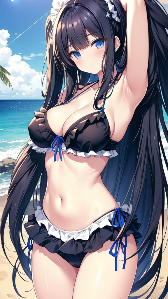 best quality, extremely detailed,anime style girl,long hair down to the waist, straight hair, dark black hair with bluish,twin tail,beautiful detailed eyes, pinched eyes, dark blue eyes,huge breasts,curvy,((cutie light blue frill Bikini)),hair ornament,beach side Luxurious room,smile,((active pose))