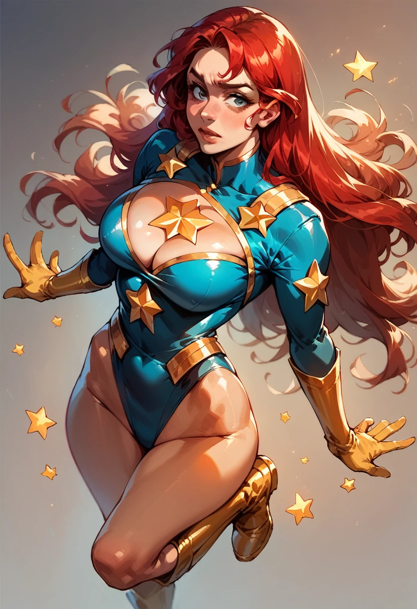 masterpiece,Sexy, Superheroine, Red hair, long hair, busty, ((blue highleg leotard with a t-back thong and a gold star insignia on chest)), gold boots, gold gloves, curvy, ((cleavage cutout)), anime