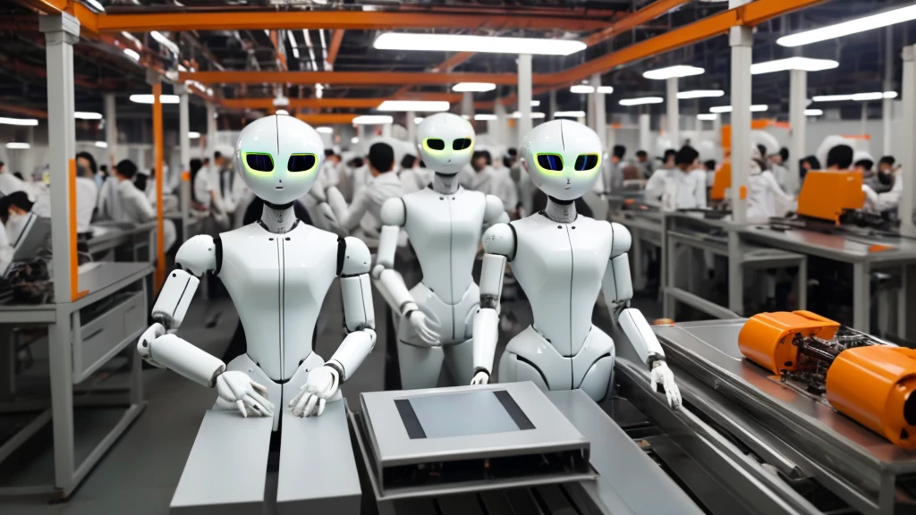 Create a realistic image of several humanoid robots in white and orange colors by manufacturing parts and other robots in a Xiaomi factory Realistic