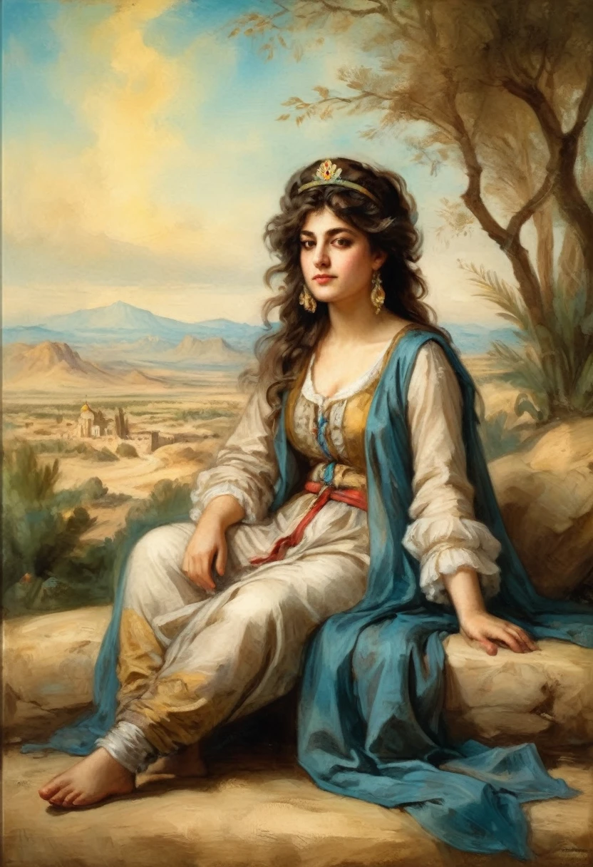 "An attractive young  princess Budur is sitting in Caracum desert" The outfit of a Persian princess ((in the style of Jean-Baptiste Greuze / Albrecht-Altdorfer )), lush watercolor palette canvas/acrylic, intricate, extreme detail, complex key, ((single shot)), ((best quality)), ((masterpiece)), ((realistic)), 8k, impressionism: 0.2 full hd wallpaper
