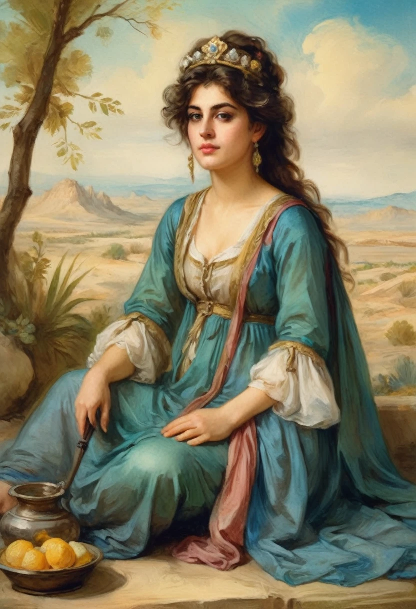 "An attractive young  princess Budur is sitting in Caracum desert" The outfit of a Persian princess ((in the style of Jean-Baptiste Greuze / Albrecht-Altdorfer )), lush watercolor palette canvas/acrylic, intricate, extreme detail, complex key, ((single shot)), ((best quality)), ((masterpiece)), ((realistic)), 8k, impressionism: 0.2 full hd wallpaper