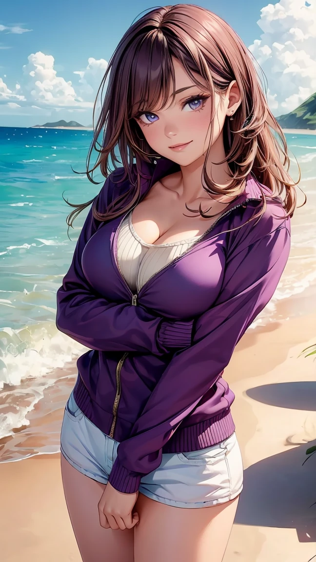 (highest quality, 4k, masterpiece :1.3), Beautiful woman, 1 girl, (chest, attractive body :1.2),Amara Winchester
● Eye color: Purple
● Hair color: Purple
● Body size: Tall, plum, slim, and curvy
● Skin color: fair
● Clothing style: mature, combat, cute, and feminine
● Clothing color: pink and white
● Pose: smiling and standing on the beach
● Picture: single picture