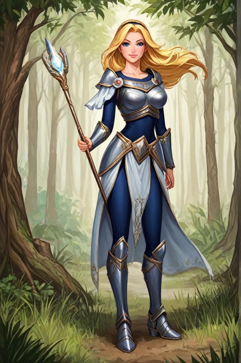 score_9, score_8_up, score_7_up, score_6_up, score_5_up, score_4_up, LuxLoLXL, blue eyes, blonde hair, long hair, hairband, big breasts, collarbone, shoulder armor, armor, blue bodysuit, breastplate, long sleeves, faulds, skirt, blue pants, armored boots, holding staff, solo, full body, standing, seductive smile, looking at viewer, forest, tree ,sit with legs in a W shape,peace sign

