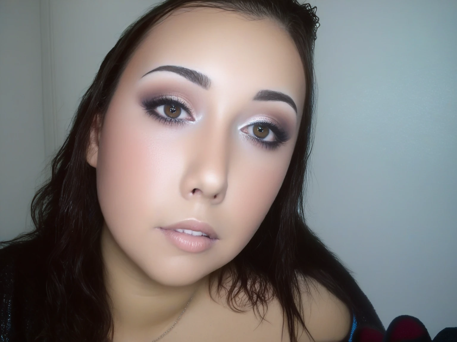 there is a woman with long hair and a necklace on, full face shot, sexy face with full makeup, thick fancy makeup, profile shot, detailed flawless face, full makup, dramatic soft shadow lighting, sultry look, evening makeup, brown watery eyes, full head shot, light makeup, subtle make up, full face close up portrait, with professional makeup
