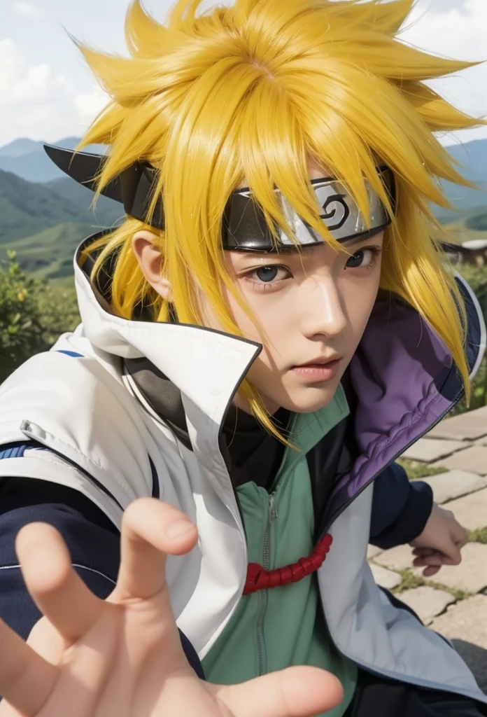Real-life adaptation of this character,his name is Minato Namikaze from the Naruto anime,Coreano bonito rosto bonito,Realistic yellow messy hair,Roupa realista com capa branca,Luz realista,Sombra realista,realistic background,(fotorrealista:1.2),hand correction