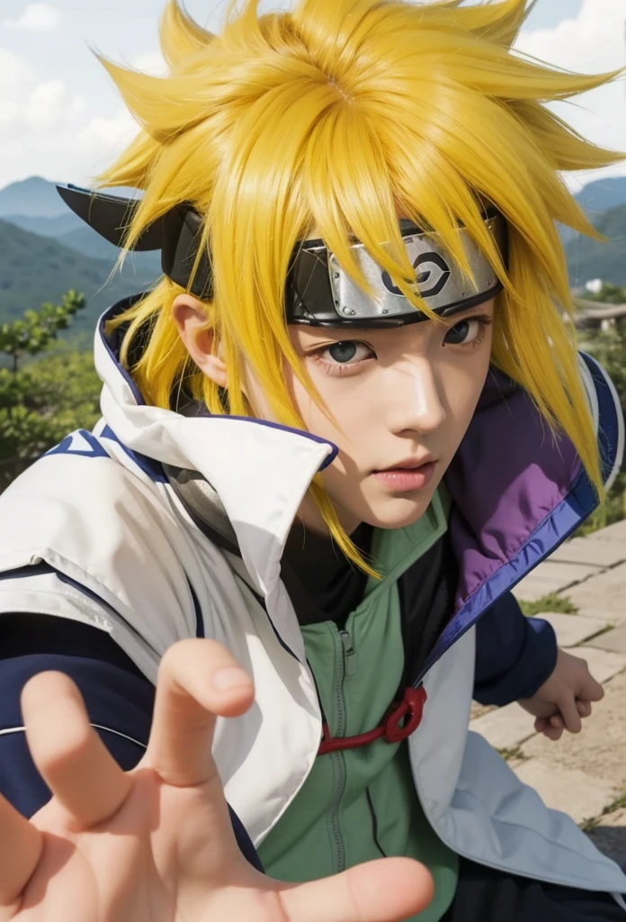 Real-life adaptation of this character,his name is Minato Namikaze from the Naruto anime,Coreano bonito rosto bonito,Realistic yellow messy hair,Roupa realista com capa branca,Luz realista,Sombra realista,realistic background,(fotorrealista:1.2),hand correction