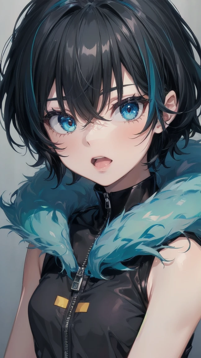 Close-up of a cartoon girl with blue hair and a yellow shirt, 2D Animation, 2D Animation style, 2D Art, 2D Art, 2D from Gorillaz, 2D from Gorillaz, 2D Gorillaz, Screaming Cerket, 2D Sprites, Jinx Face, short hair, Small breasts, hot pants, ((Black Hair, Bright blue fur inside:1.4))