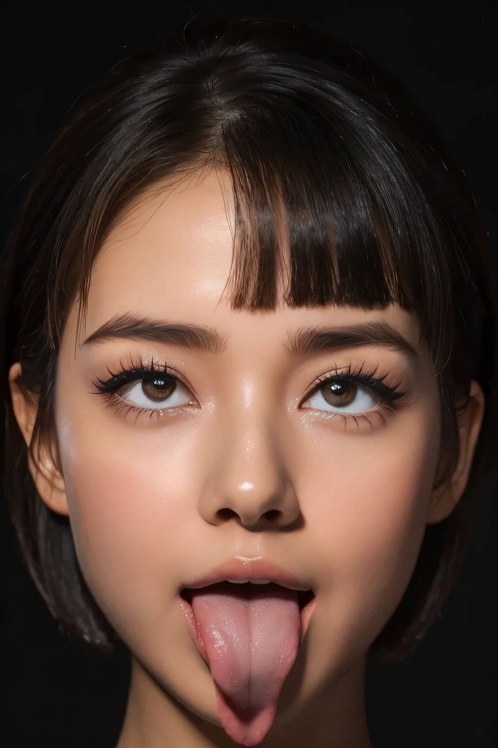 Audrey Hepburn、1 Girl,Flying debris,,Award-winning photo, Very detailed, Keep your eyes clearly focused, Nose and mouth,Face Focus, Extreme close up of face、Woman with open mouth and closed eyes,20-year-old,Black Hair、Symmetrical face,Realistic nostrils、Angle from below、Elongated C-shaped nostrils,,,sweaty and Shiny skin、Lighting that emphasizes glowing skin caused by sweat、((Sharp Nose))汗でGlowing Skin、Shiny skin、Sweaty hair、((Thin eyebrows))Oily skin、Glowing Skin、double eyelid、Wet and shiny tongue、Beautiful woman、(Short Bob、Cut mushrooms,Blunt bangs),Rolling your eyes、Shortcuts、Black background、studio、Backlit stage lighting,