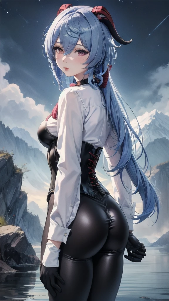 Masterpiece, Beautiful art, professional artist, 8k, sleeping expression, very detailed face, Detailed clothing, detailed fabric, 1 girl, Hiring, (genshin impact), view from behind, perfect ass, standing, perfectly drawn body, pale skin, shy expression, beautiful face, agregar cuernos de Hiring en la cabeza, Long sky blue hair, 4k eyes, very detailed eyes, pink cheeks, choker:1.6, (white long sleeve button down shirt with white collar), black gloves, gloves that cover hands, (black leather corset), (shiny black leggings), Sensual Lips, show details in the eyes, lake with chinese mountain in the background at night, at night starry night sky