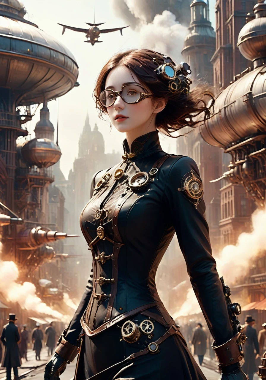 A breathtaking steampunk cityscape with towering buildings adorned with gears and steam pipes, airships floating in the sky, and a bustling street filled with people wearing Victorian-era attire with steampunk accessories. Include a central character wearing a leather coat, brass goggles, and mechanical arm, standing confidently with a backdrop of an industrial revolution.