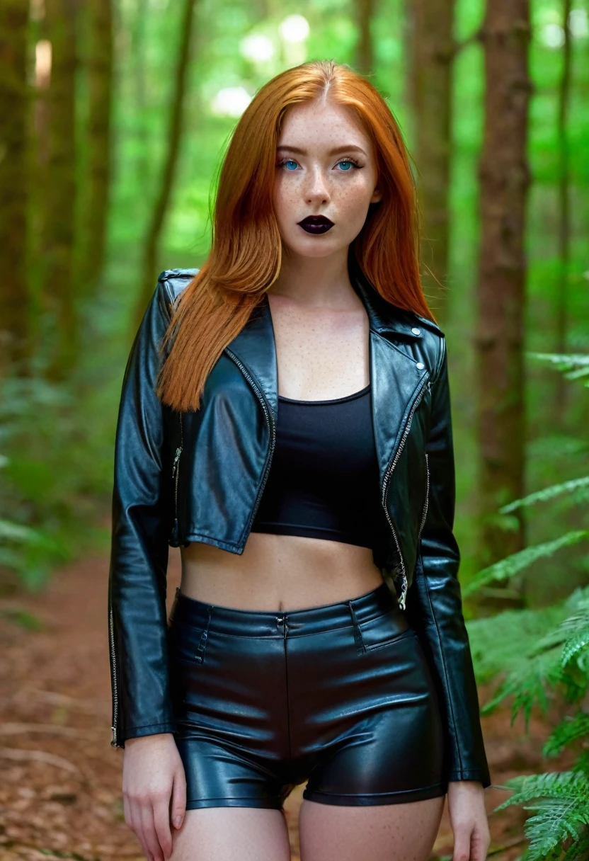 realistic, 8k, beautiful ginger haired woman, long hair, 20 years old, freckles, slim, cute face, blue, detailed eyes, thin eyebrows, medium breasts, pert breasts, waist length black leather jacket, black pvc crop top, black pvc shorts, subtle light red lipstick, in forest, sunlight, full body shot, detailed face, detailed eyes